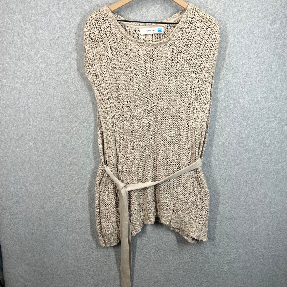 Sparrow Open Knit Sweater Vest Womens Medium Beige Belted Cotton Blend Excellent
